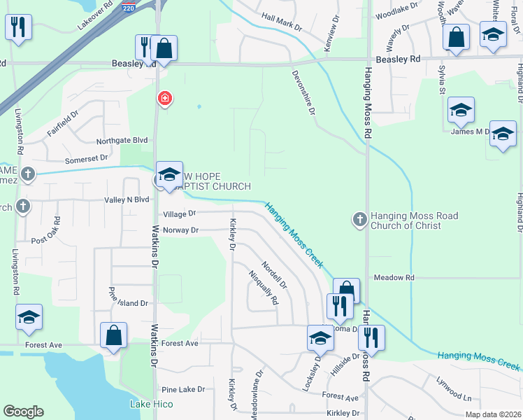 map of restaurants, bars, coffee shops, grocery stores, and more near 4666 Village Drive in Jackson