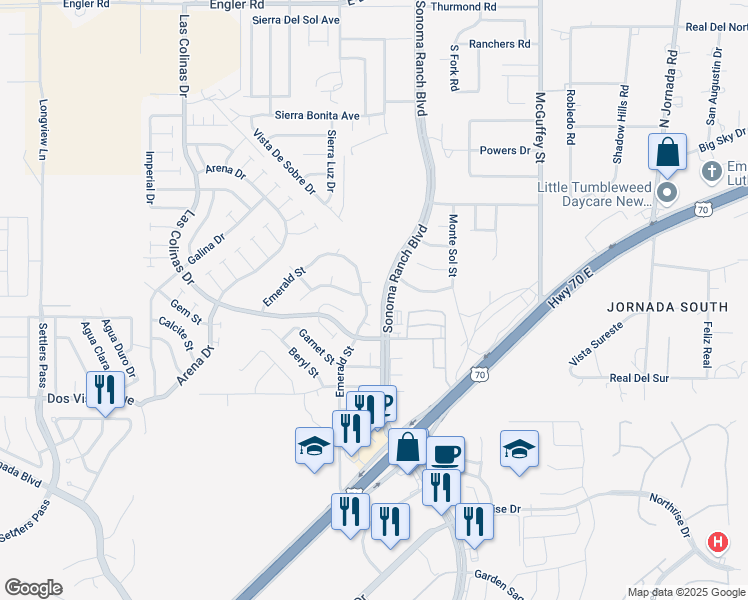 map of restaurants, bars, coffee shops, grocery stores, and more near 5131 Emerald Street in Las Cruces