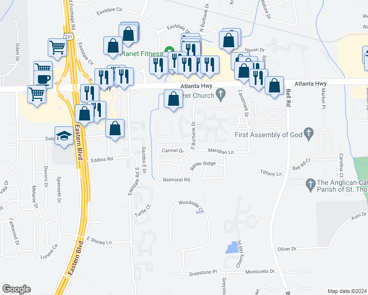 map of restaurants, bars, coffee shops, grocery stores, and more near 5963 Carmel Dr in Montgomery