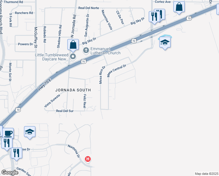 map of restaurants, bars, coffee shops, grocery stores, and more near 4544 Mesa Central Drive in Las Cruces