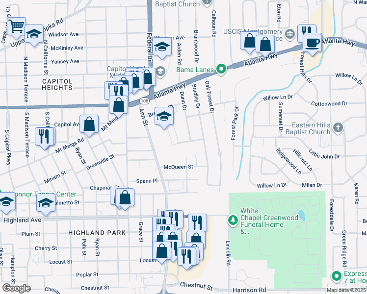 map of restaurants, bars, coffee shops, grocery stores, and more near 2806 Mallory Street in Montgomery