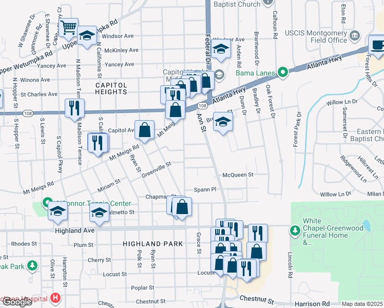 map of restaurants, bars, coffee shops, grocery stores, and more near 2517 Greenville Street in Montgomery