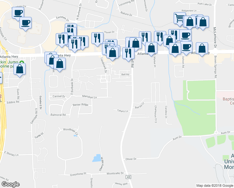 map of restaurants, bars, coffee shops, grocery stores, and more near 6131 Meridian Lane in Montgomery