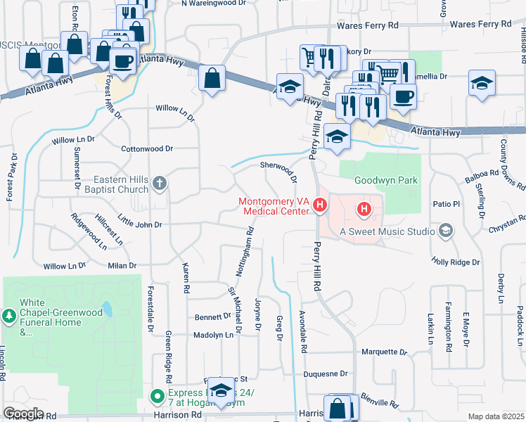 map of restaurants, bars, coffee shops, grocery stores, and more near 251 Nottingham Road in Montgomery