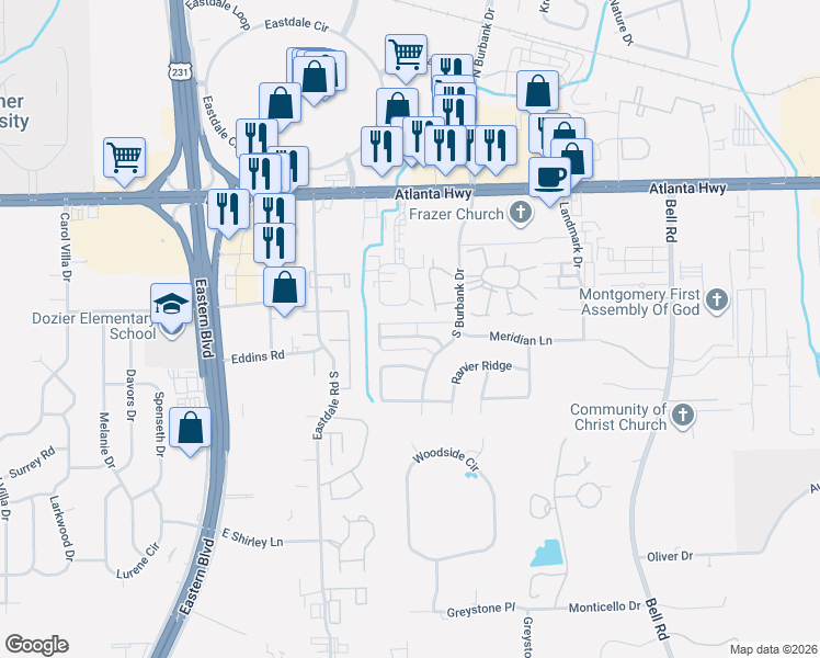 map of restaurants, bars, coffee shops, grocery stores, and more near 5917 Carmel Drive in Montgomery