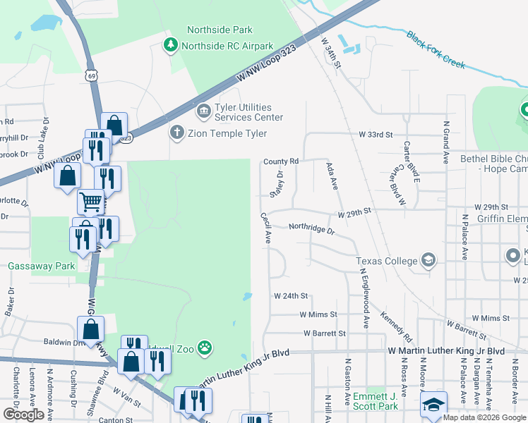 map of restaurants, bars, coffee shops, grocery stores, and more near 1723 West 29th Street in Tyler
