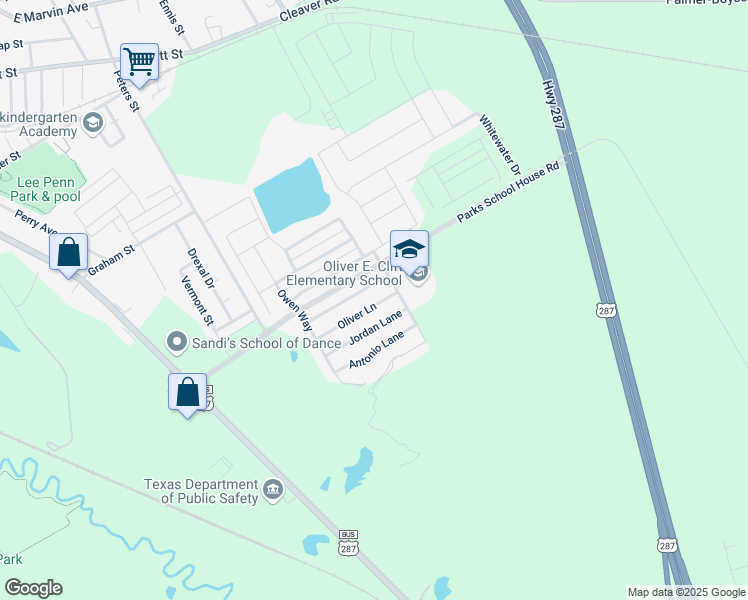 map of restaurants, bars, coffee shops, grocery stores, and more near 634 Oliver Lane in Waxahachie