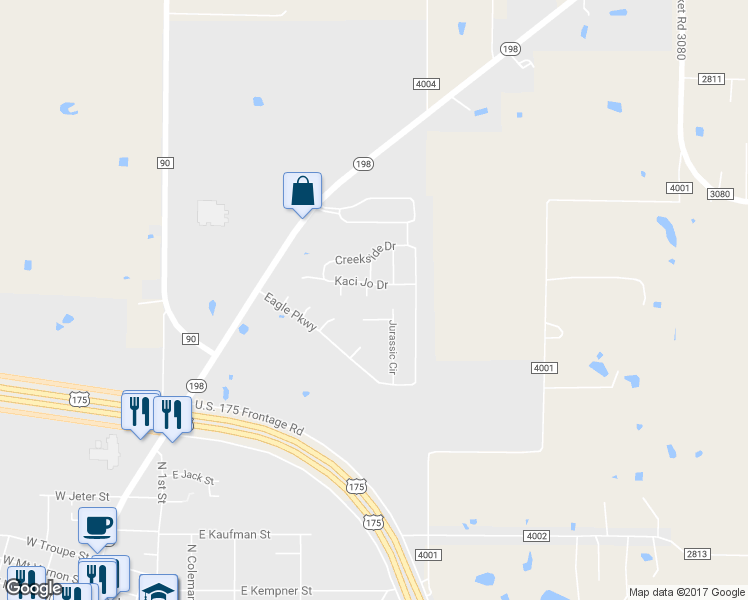 map of restaurants, bars, coffee shops, grocery stores, and more near 201 K J Circle in Mabank