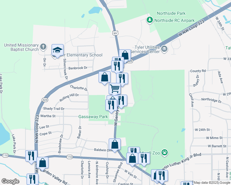map of restaurants, bars, coffee shops, grocery stores, and more near 3210 West Gentry Parkway in Tyler