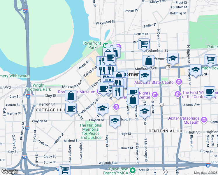 map of restaurants, bars, coffee shops, grocery stores, and more near 1 Commerce Street in Montgomery