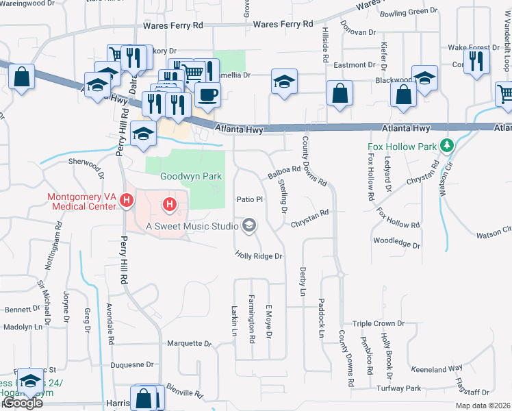 map of restaurants, bars, coffee shops, grocery stores, and more near 4226 Patio Place in Montgomery