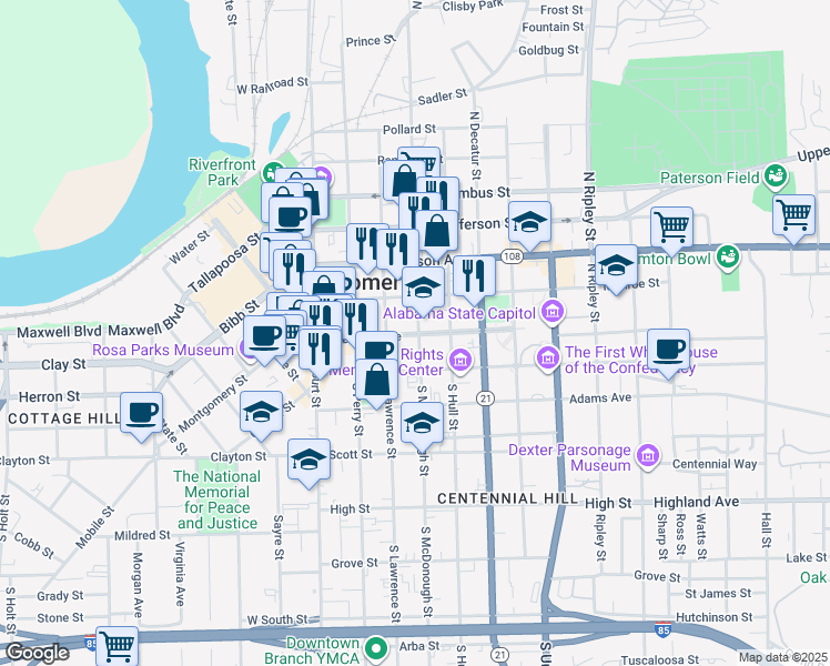 map of restaurants, bars, coffee shops, grocery stores, and more near Dexter Avenue in Montgomery