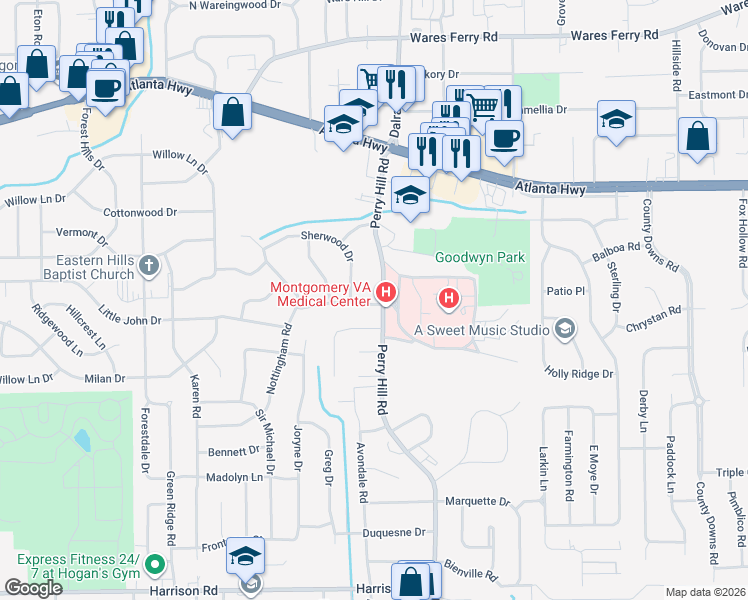 map of restaurants, bars, coffee shops, grocery stores, and more near 3821 Robbins Road in Montgomery