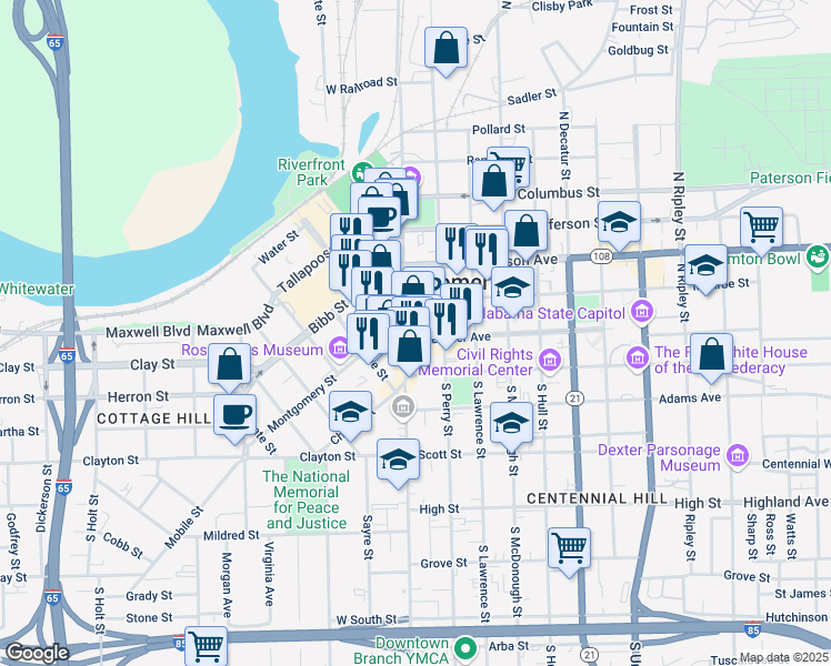 map of restaurants, bars, coffee shops, grocery stores, and more near 17 Dexter Avenue in Montgomery