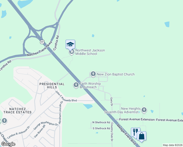 map of restaurants, bars, coffee shops, grocery stores, and more near 290 Pin Oak Drive in Jackson