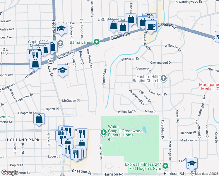 map of restaurants, bars, coffee shops, grocery stores, and more near Green Pine Lane in Montgomery