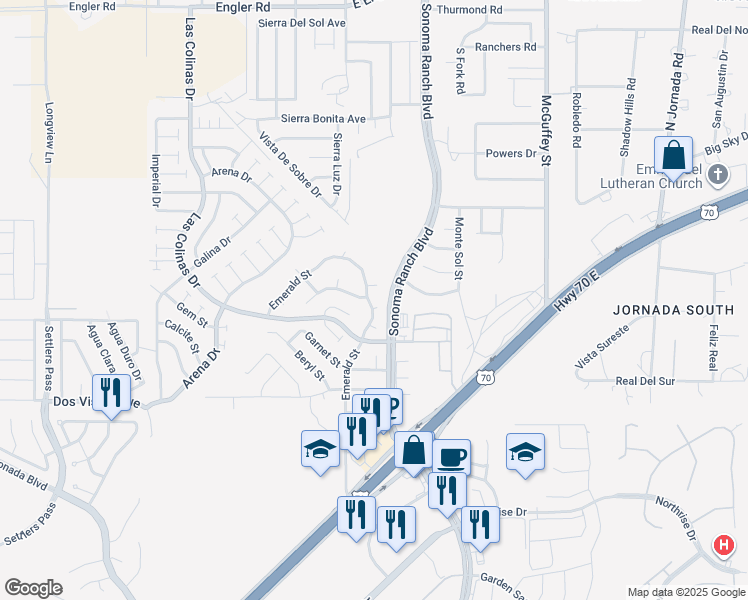 map of restaurants, bars, coffee shops, grocery stores, and more near 5131 Emerald Street in Las Cruces