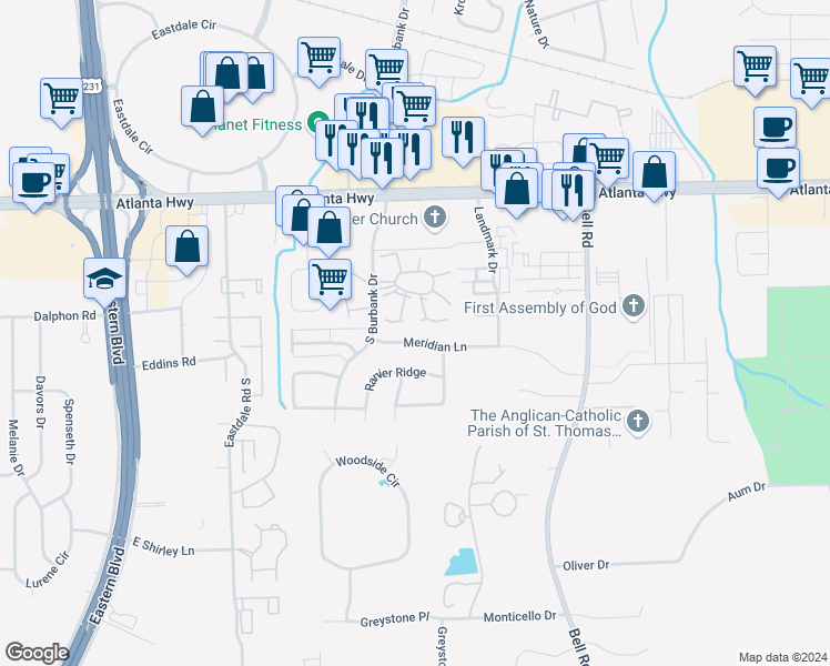 map of restaurants, bars, coffee shops, grocery stores, and more near 6029 Meridian Lane in Montgomery