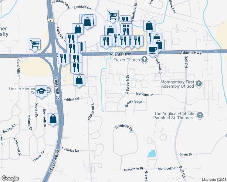 map of restaurants, bars, coffee shops, grocery stores, and more near 5917 Carmel Drive in Montgomery