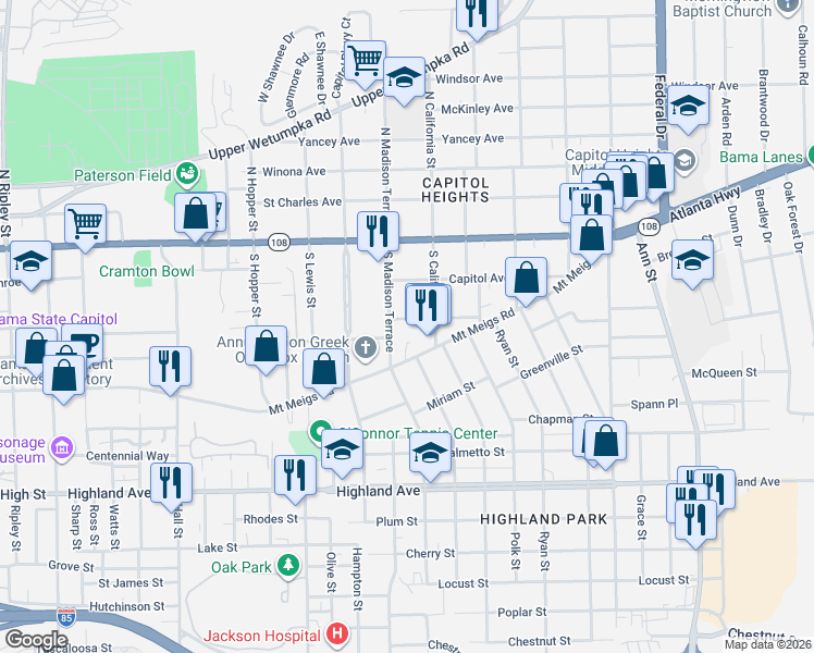 map of restaurants, bars, coffee shops, grocery stores, and more near 1802 James Avenue in Montgomery