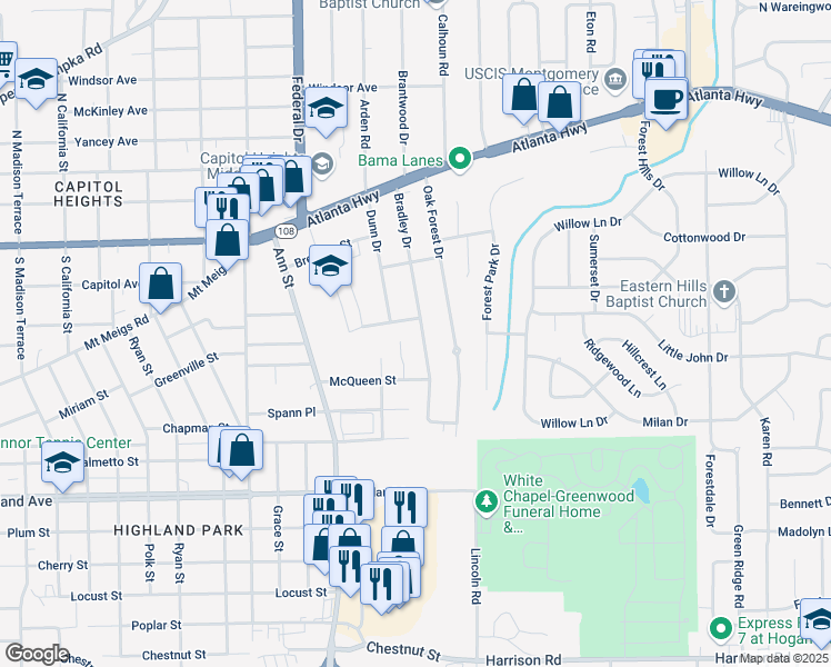 map of restaurants, bars, coffee shops, grocery stores, and more near 204 Bradley Drive in Montgomery