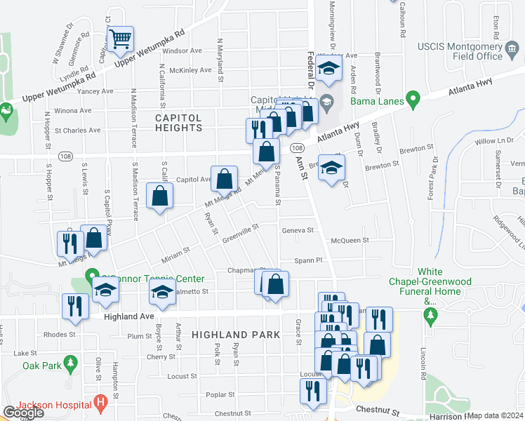 map of restaurants, bars, coffee shops, grocery stores, and more near 2242 Brewton Street in Montgomery