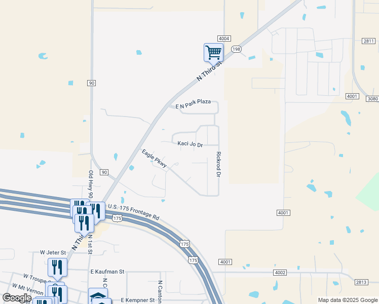 map of restaurants, bars, coffee shops, grocery stores, and more near 205 Wells Circle in Mabank