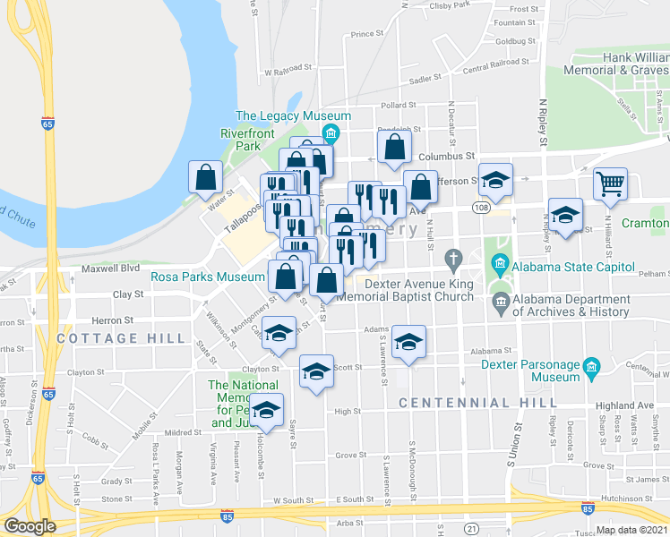 map of restaurants, bars, coffee shops, grocery stores, and more near 29 Dexter Avenue in Montgomery