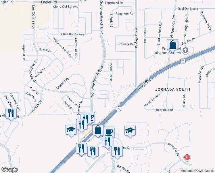 map of restaurants, bars, coffee shops, grocery stores, and more near 3968 Sombra Morada Road in Las Cruces