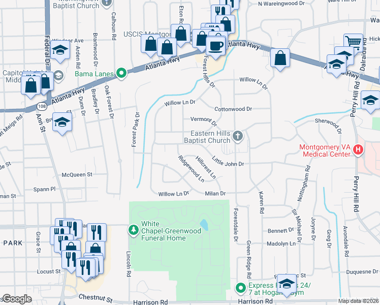 map of restaurants, bars, coffee shops, grocery stores, and more near 3213 Hillcrest Lane in Montgomery
