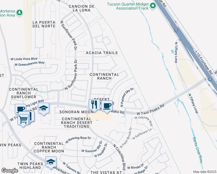 map of restaurants, bars, coffee shops, grocery stores, and more near 9418 North Stonebrook Drive in Tucson
