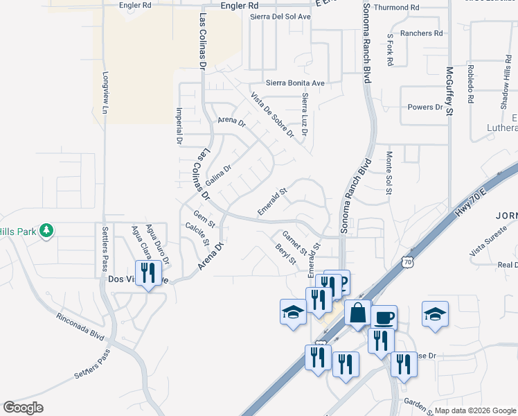 map of restaurants, bars, coffee shops, grocery stores, and more near 5011 Emerald Street in Las Cruces