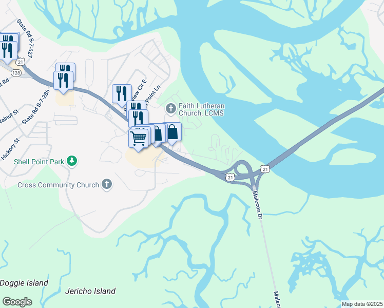 map of restaurants, bars, coffee shops, grocery stores, and more near 15 Marina Boulevard in Beaufort