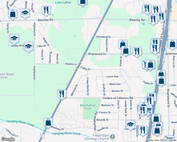 map of restaurants, bars, coffee shops, grocery stores, and more near 5558 Crepe Myrtle Drive in Jackson