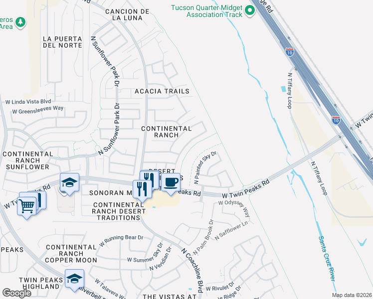 map of restaurants, bars, coffee shops, grocery stores, and more near 9422 North Weather Hill Drive in Tucson