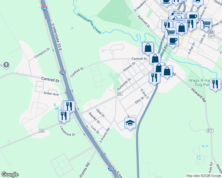 map of restaurants, bars, coffee shops, grocery stores, and more near 1150 Dunaway Street in Waxahachie
