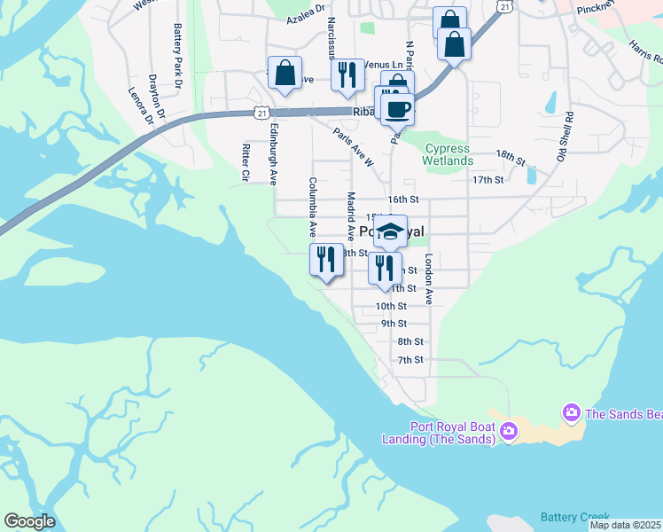 map of restaurants, bars, coffee shops, grocery stores, and more near 1110 12th Street in Port Royal