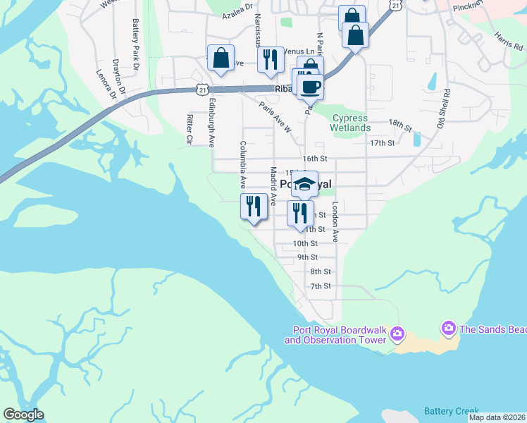 map of restaurants, bars, coffee shops, grocery stores, and more near 1105 13th Street in Port Royal