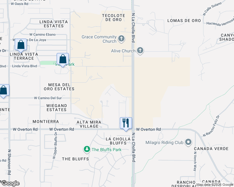 map of restaurants, bars, coffee shops, grocery stores, and more near 2330 West La Cresta Road in Tucson