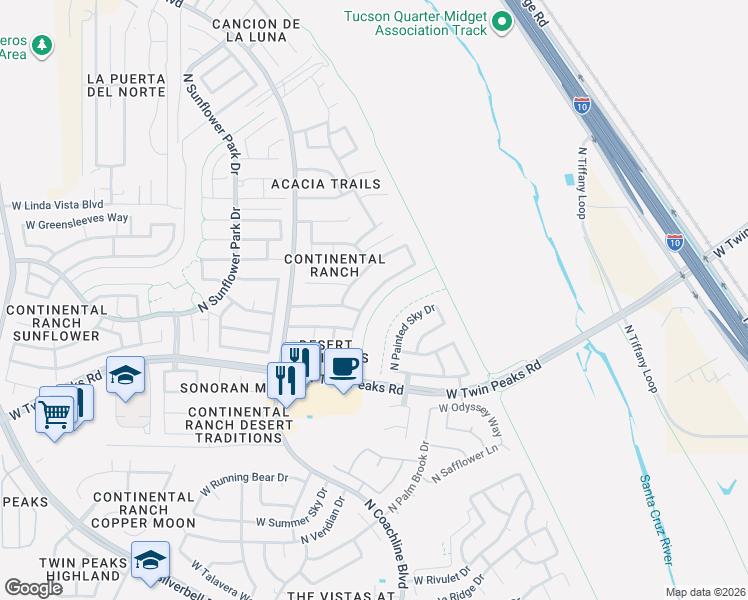 map of restaurants, bars, coffee shops, grocery stores, and more near 9422 North Weather Hill Drive in Tucson