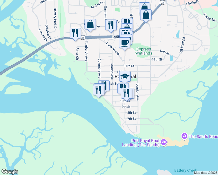 map of restaurants, bars, coffee shops, grocery stores, and more near 1110 12th Street in Port Royal