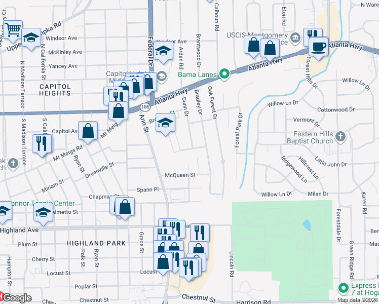 map of restaurants, bars, coffee shops, grocery stores, and more near 2806 Mallory Street in Montgomery