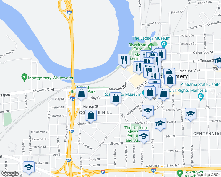 map of restaurants, bars, coffee shops, grocery stores, and more near 35 Maxwell Boulevard in Montgomery