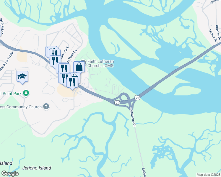 map of restaurants, bars, coffee shops, grocery stores, and more near 404 Battery Lane in Beaufort