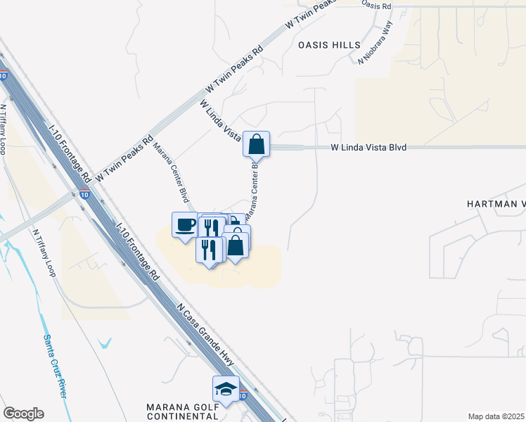 map of restaurants, bars, coffee shops, grocery stores, and more near 6355 Marana Center Boulevard in Tucson