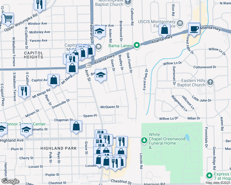 map of restaurants, bars, coffee shops, grocery stores, and more near 2806 Mallory Street in Montgomery