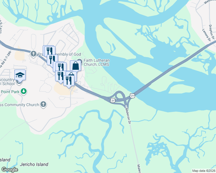 map of restaurants, bars, coffee shops, grocery stores, and more near Marina Village Lane in Beaufort County
