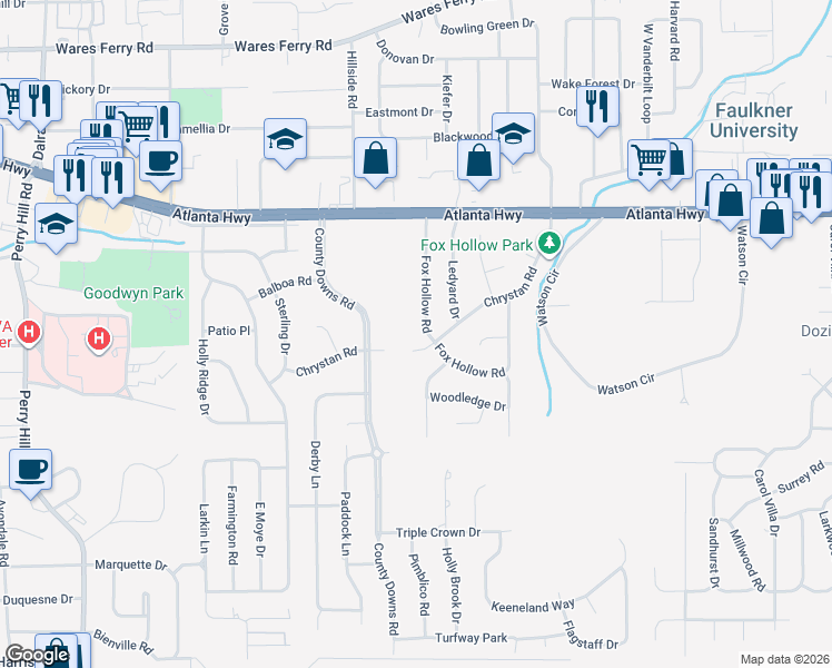 map of restaurants, bars, coffee shops, grocery stores, and more near 4535 Chrystan Road in Montgomery