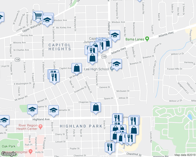 map of restaurants, bars, coffee shops, grocery stores, and more near 209 South Panama Street in Montgomery