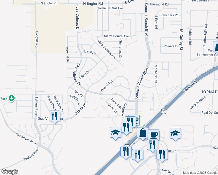 map of restaurants, bars, coffee shops, grocery stores, and more near 5032 Emerald Street in Las Cruces